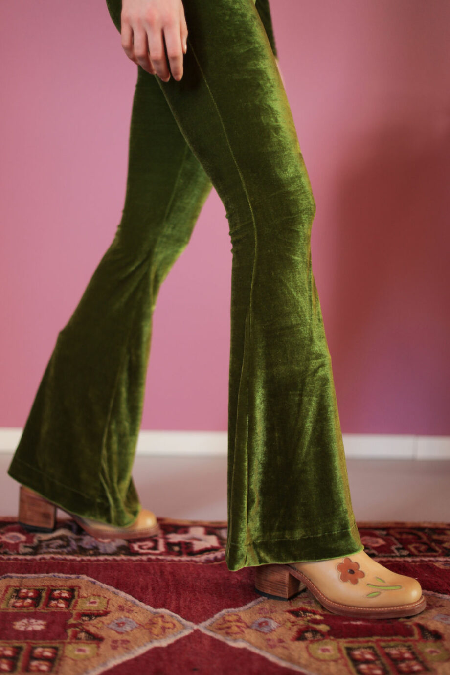Green velvet flair pants