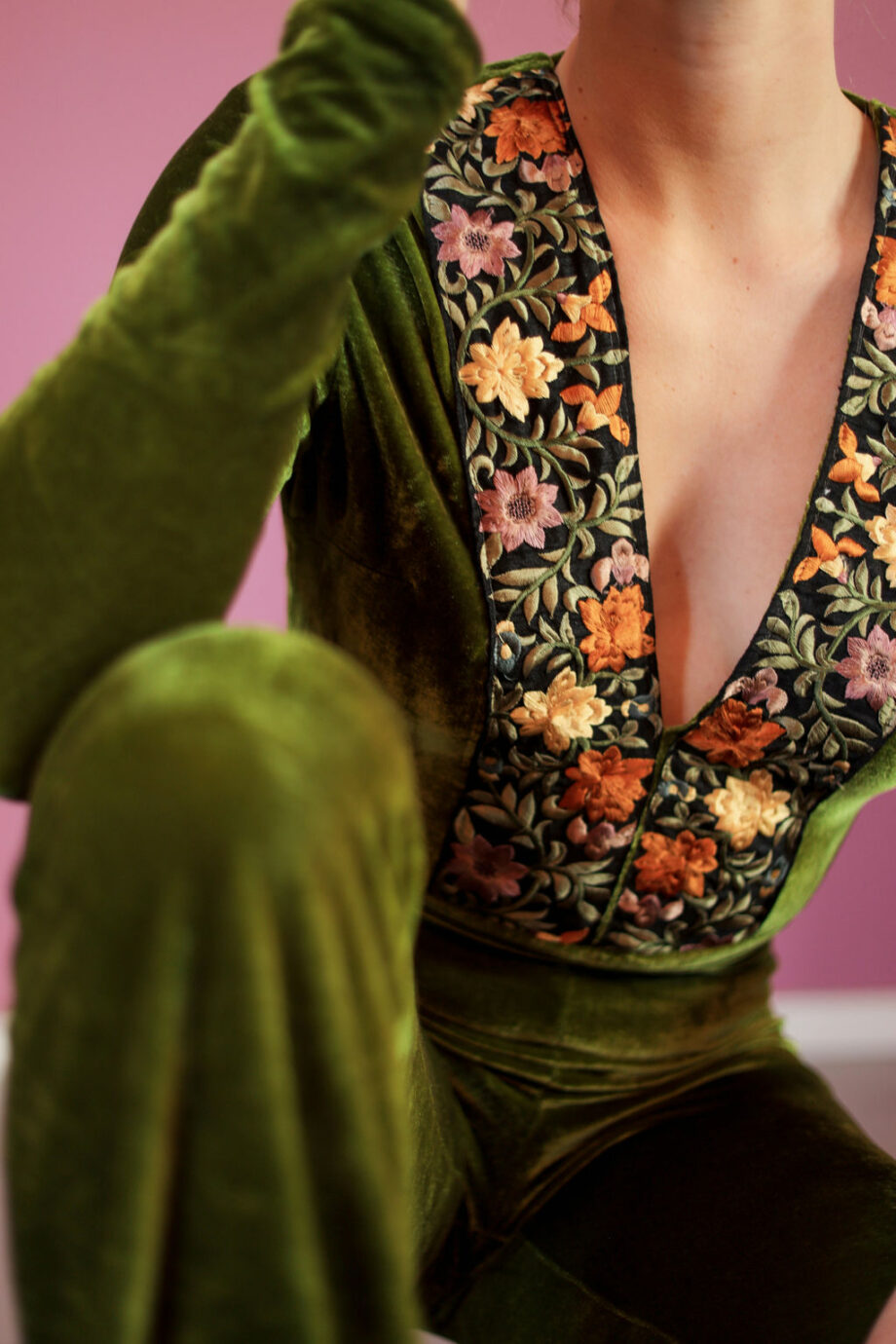 Green velvet flair pants